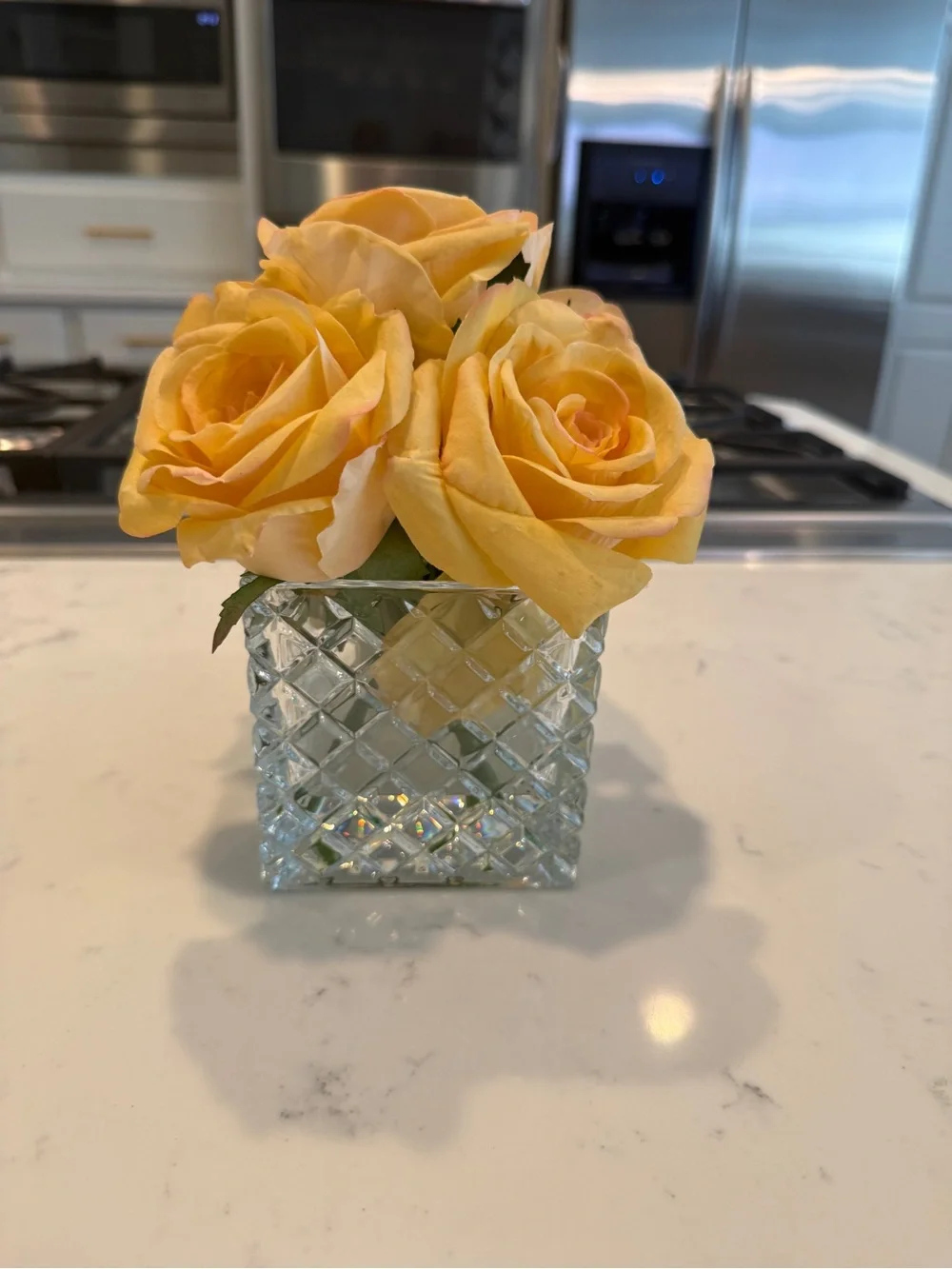 Ella Lux Real Touch Yellow Rose Floral Arrangement Glass Cube Vase Faux Flowers